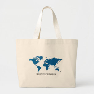 Blue Never Stop Exploring World Map Large Tote Bag
