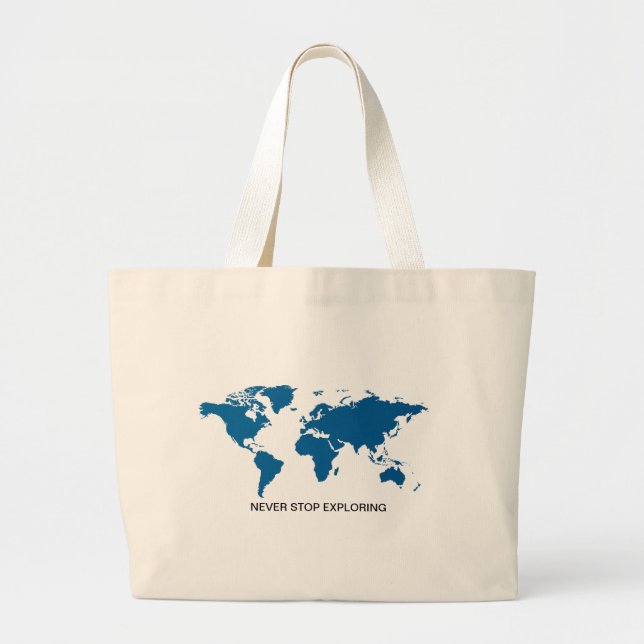 Blue Never Stop Exploring World Map Large Tote Bag (Front)