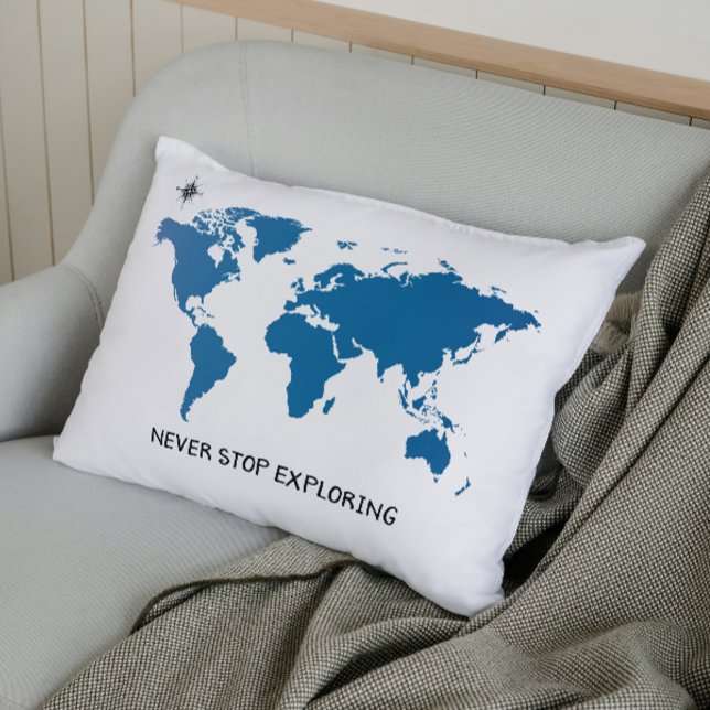 Blue Never Stop Exploring World Map Travel Lumbar Pillow (Creator Uploaded)