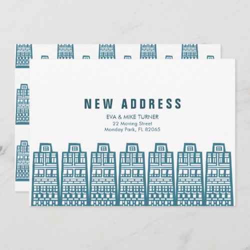 Blue new address with retro cartoon buildings  invitation