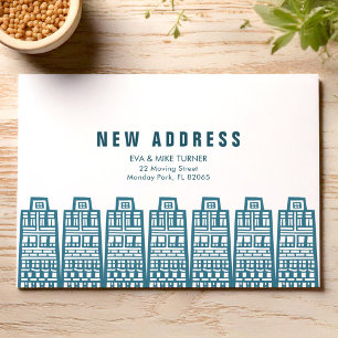 Blue new address with retro cartoon buildings invitation