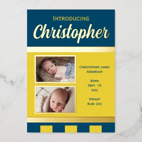 Blue new baby announcement gold foil flat card