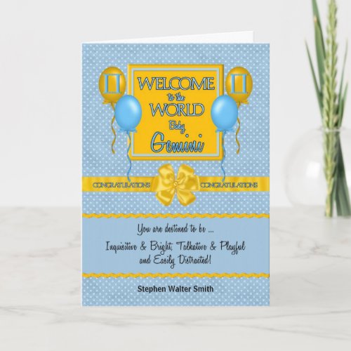 Blue New Baby Boy Gemini Congratulations Card