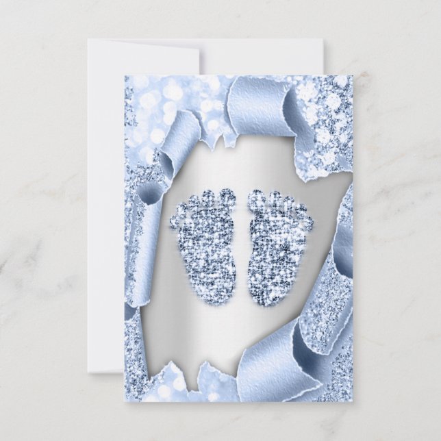  Blue New Baby Shower Feet Boy Silver Invitation (Back)