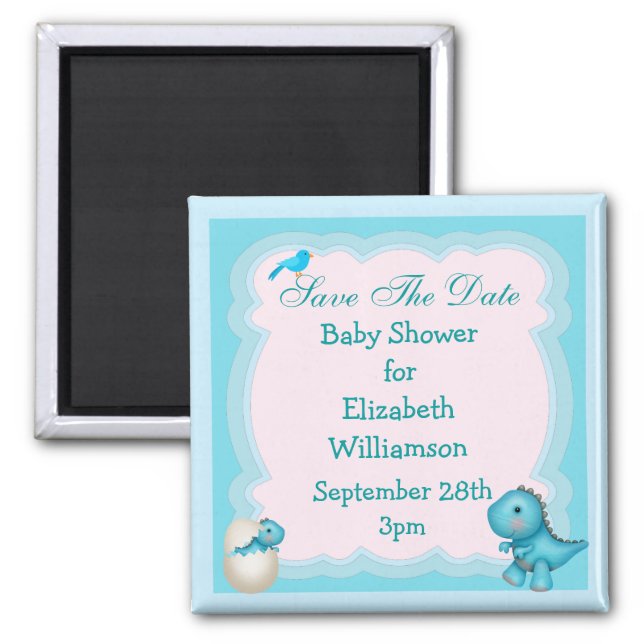 Blue New Born Dinosaur Save The Date Baby Shower Magnet (Front)