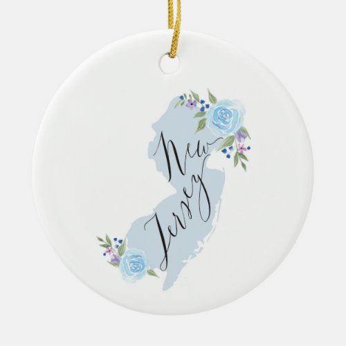 Blue New Jersey Watercolor Floral Map  Ceramic Ornament