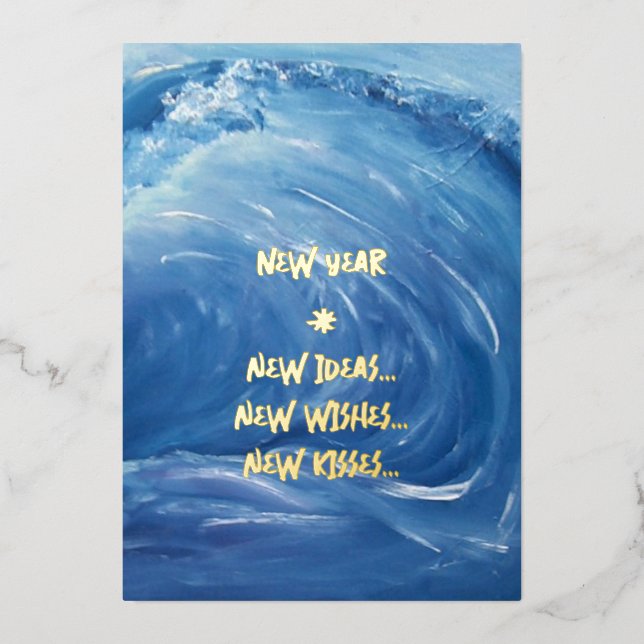 Blue new year, ideas, wishes, kisses foil invitation (Front)