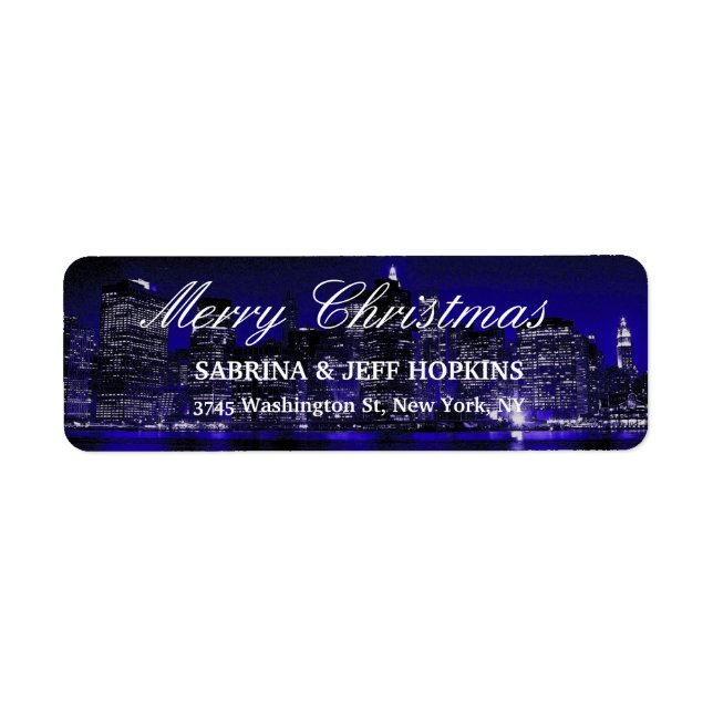 Blue New York City Merry Christmas Message Family Label (Front)