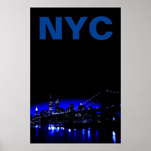 Blue New York City Night Brooklyn Bridge Poster