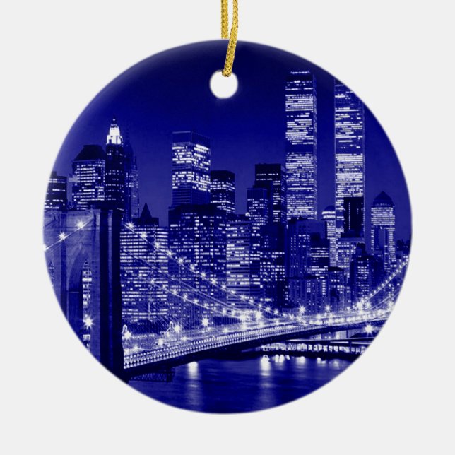 Blue New York City Night Ceramic Ornament (Front)