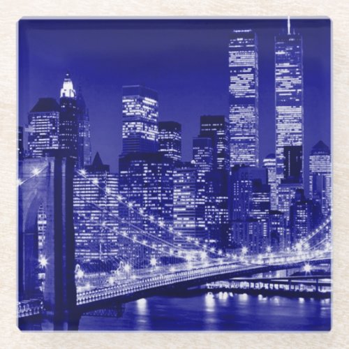 Blue New York City Night Glass Coaster