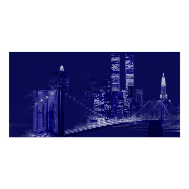 Blue New York City Night Pop Art Poster (Front)