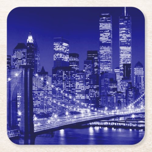 Blue New York City Night Square Paper Coaster