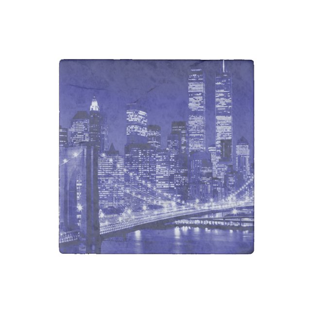 Blue New York City Night Stone Magnet (Front)