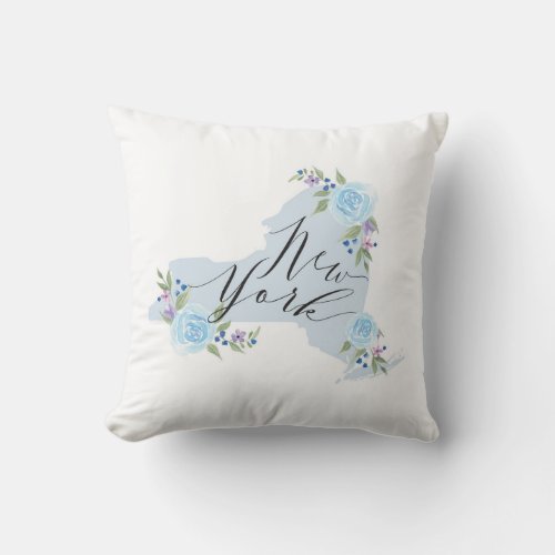 Blue New York Floral Map Throw Pillow