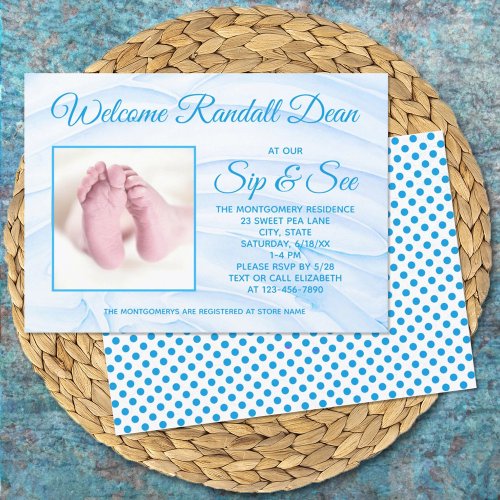 Blue Newborn Baby Boy Sip and See Custom Photo Invitation