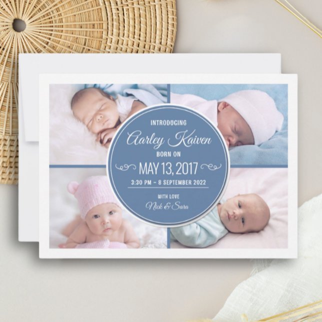 Blue Newborn Boy Photo Collage Birth Announcement (Creator Uploaded)