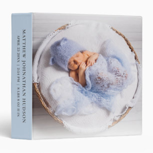 Blue Newborn Photo Baby Boy Stats Gray Gift Album 3 Ring Binder