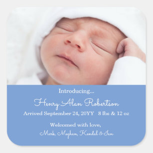 Blue Newborn Photo Birth Announcement Baby Boy Square Sticker