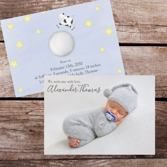 Blue Newborn Photo Nursery Rhyme  Announcement (Baby announcement with light blue and stars. )