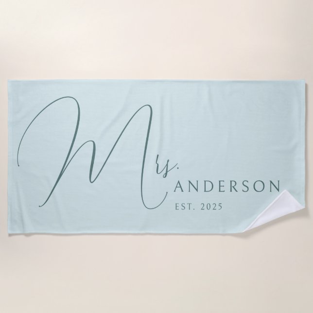 Blue Newlyweds Name Personalized Honeymoon Beach Towel (Front)