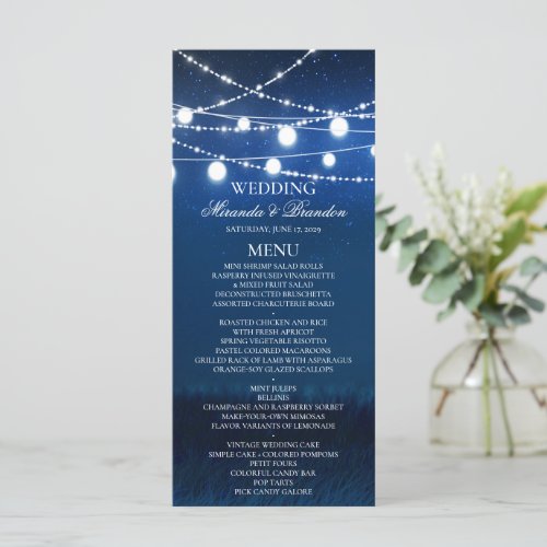 Blue Night and Silver Lights Wedding Menu Card