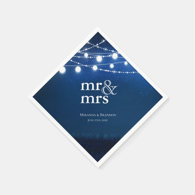 Blue Night and Silver String Lights Wedding Napkins (Corner)