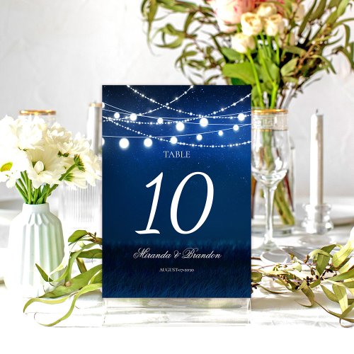 Blue Night and Silver String Lights Wedding Table Number