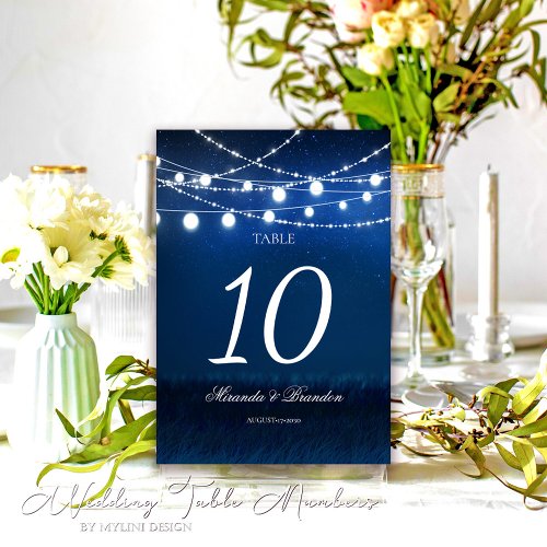 Blue Night and Silver String Lights Wedding Table Number