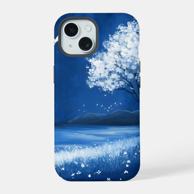 Blue Night Beach Mountain Scene iPhone 15 Case (Back)