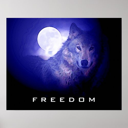 Blue Night Freedom Wolf Face Moon Poster