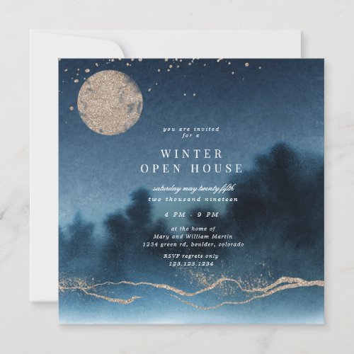 blue night gold landscape square open house invitation