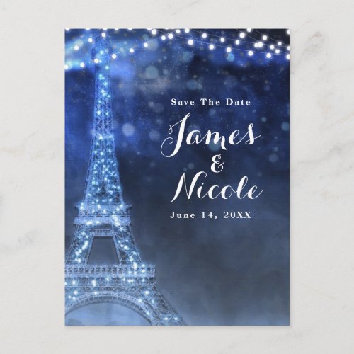 Blue Night in Paris Eiffel Tower Save the Date Announcement Postcard