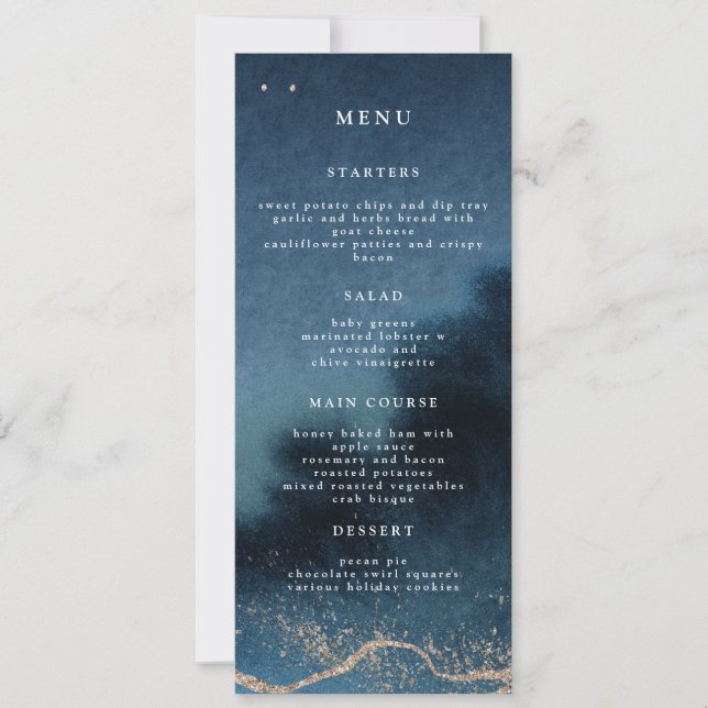 Blue Night Landscape Wedding Dinner Menu Invitation (Front)