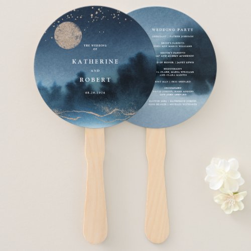 Blue Night Landscape Wedding Program Hand Fan