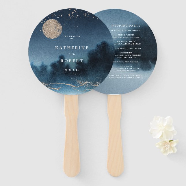Blue Night Landscape Wedding Program Hand Fan (Front and Back)