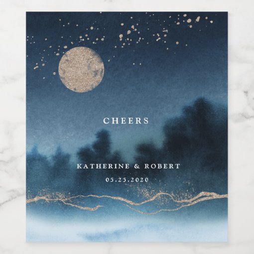Blue Night Landscape Wedding Wine Label Set | Zazzle