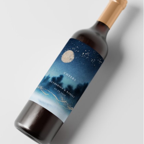 Blue Night Landscape Wedding Wine Label Set