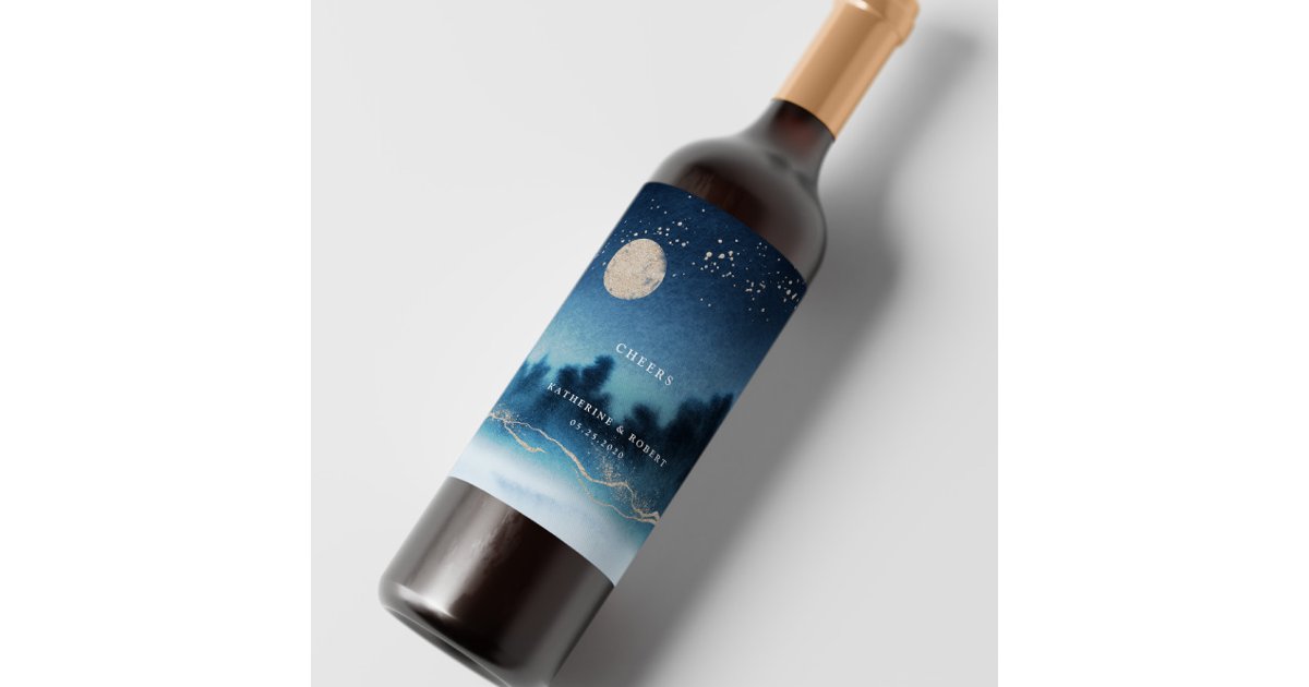 Blue Night Landscape Wedding Wine Label Set | Zazzle