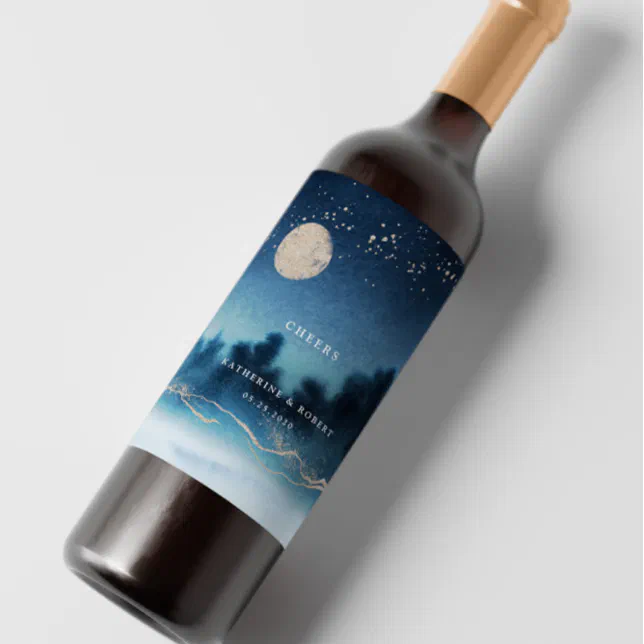 Blue Night Landscape Wedding Wine Label Set | Zazzle