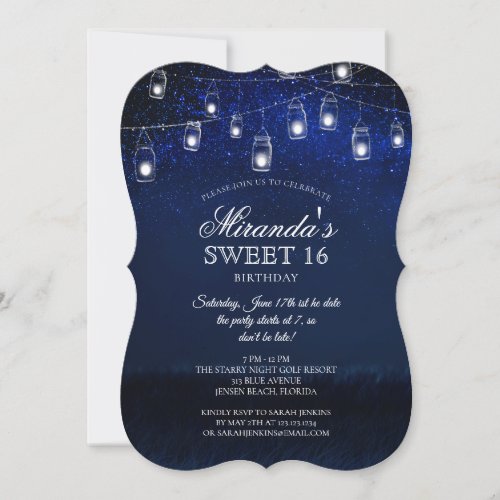 Blue Night Mason Jar String Lights 16 Birthday Invitation