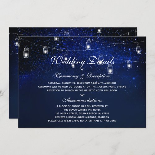 Blue Night Mason Jar String Lights Wedding Details Invitation