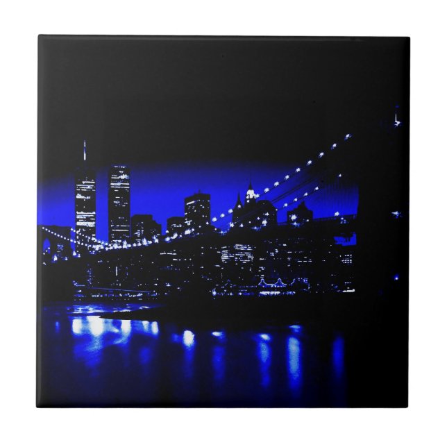 Blue Night New York City Brooklyn Bridge, River Ceramic Tile (Front)
