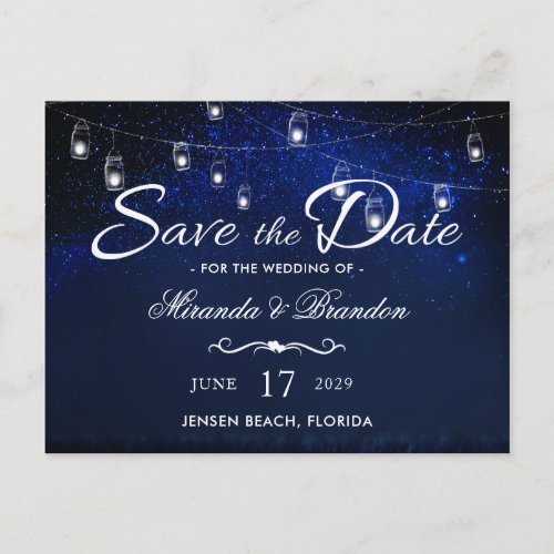 Blue Night Silver Mason Jar String Lights Wedding Announcement Postcard