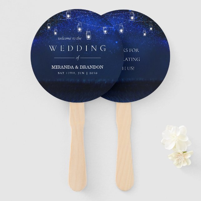 Blue Night Silver Mason Jar String Lights Wedding Hand Fan (Front and Back)