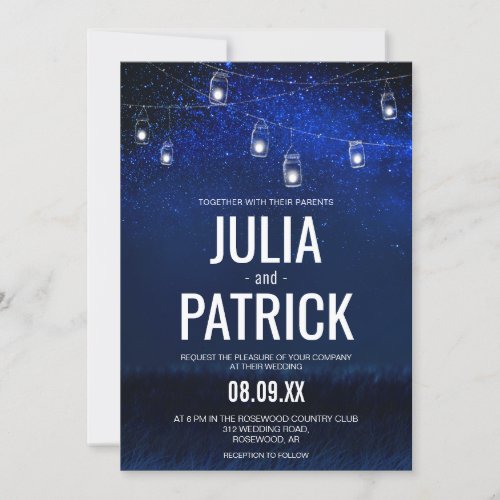 Blue Night Silver Mason Jar String Lights Wedding  Invitation