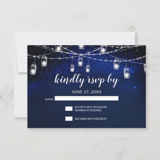 Blue Night Silver Mason Jar String Lights Wedding RSVP Card (Front)