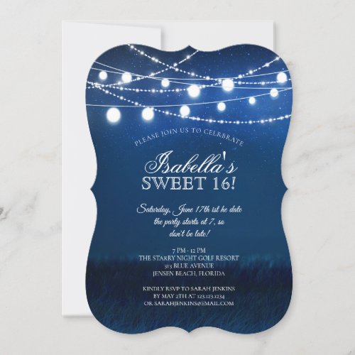 Blue Night  Silver String Lights 16 Birthday Invitation