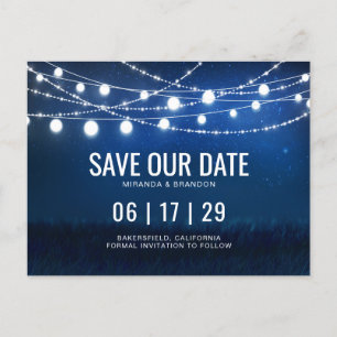 Blue Night & Silver String Lights Save the Date Announcement Postcard