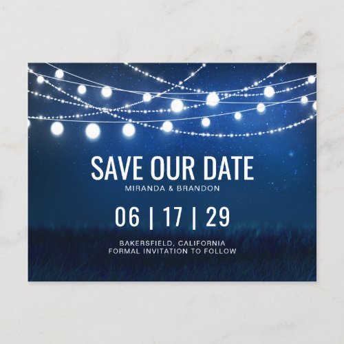 Blue Night  Silver String Lights Save the Date Announcement Postcard